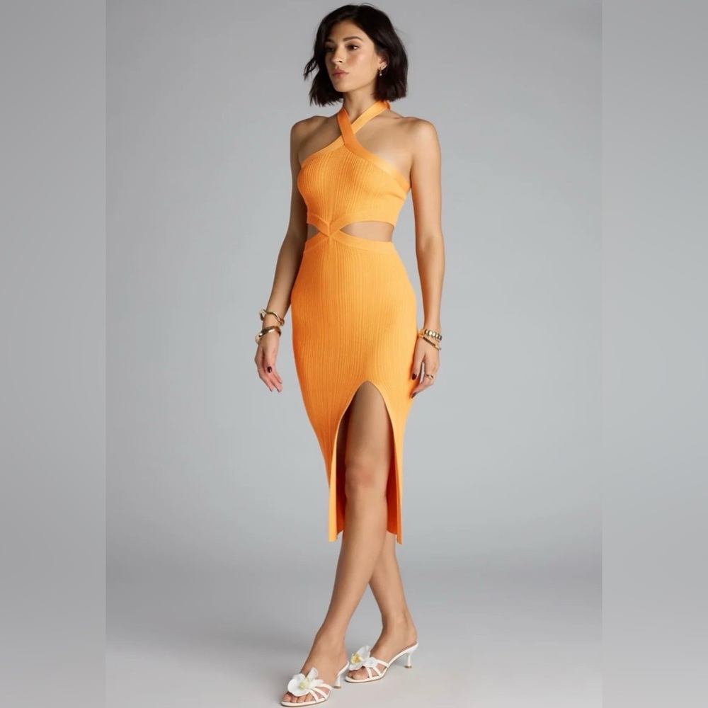 Orange bandage halter top dress with cutouts